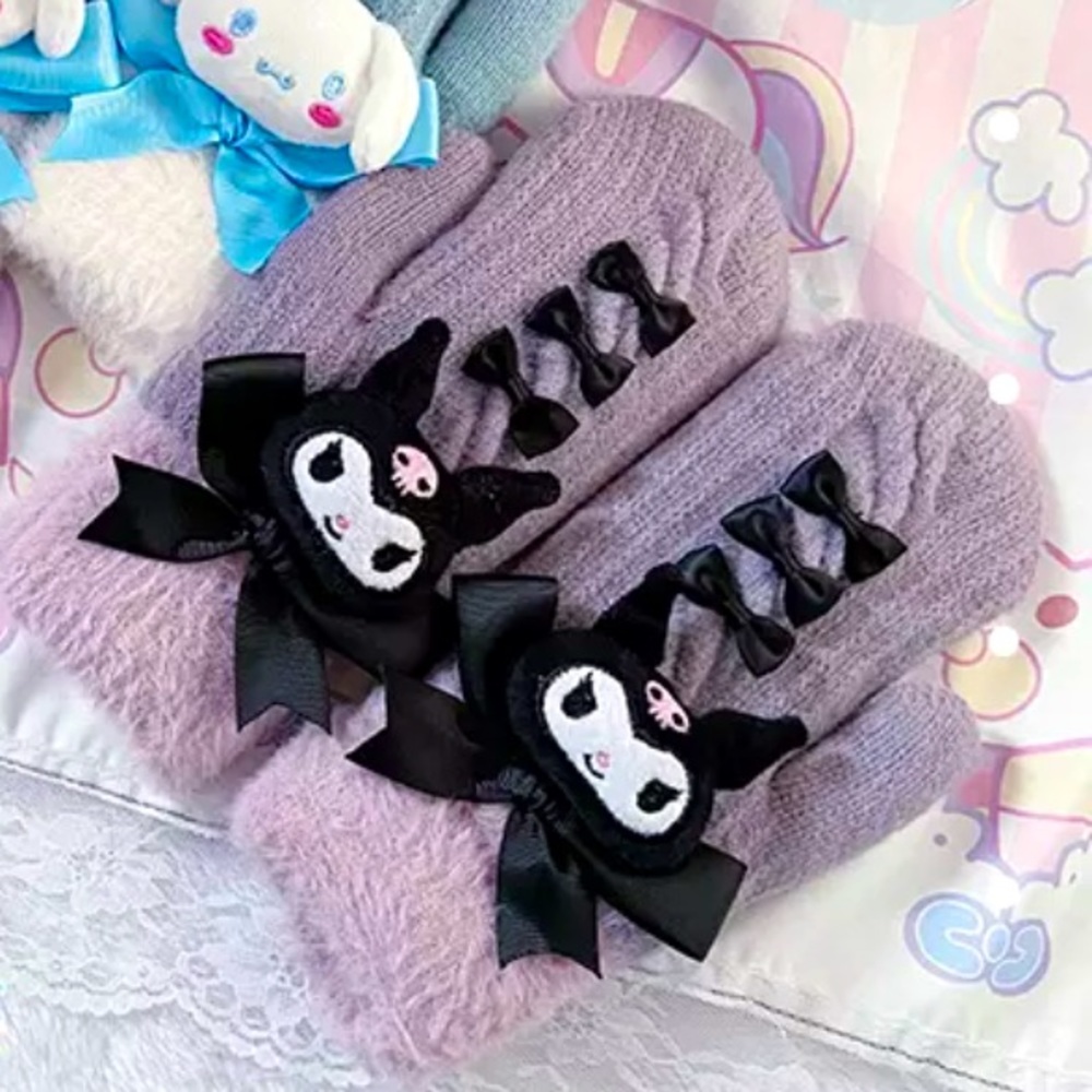Kuromi Sanrio • Knit Mittens • Plush & Bows Embellishments • Lolita • Cosplay